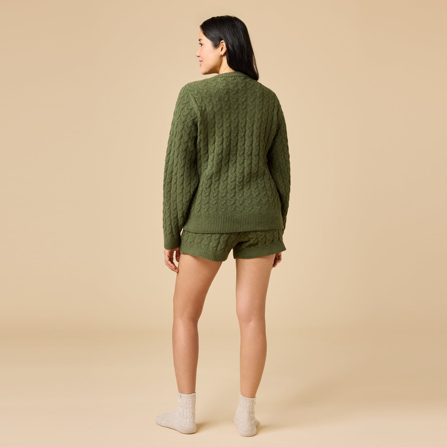 Cable Knit Marshmallow Crew Neck with Short Set in Olive