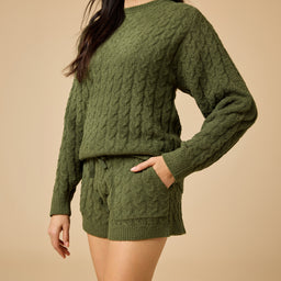 Cable Knit Marshmallow Crew Neck with Short Set Cable Knit Marshmallow Crew Neck with Short Set in Olive