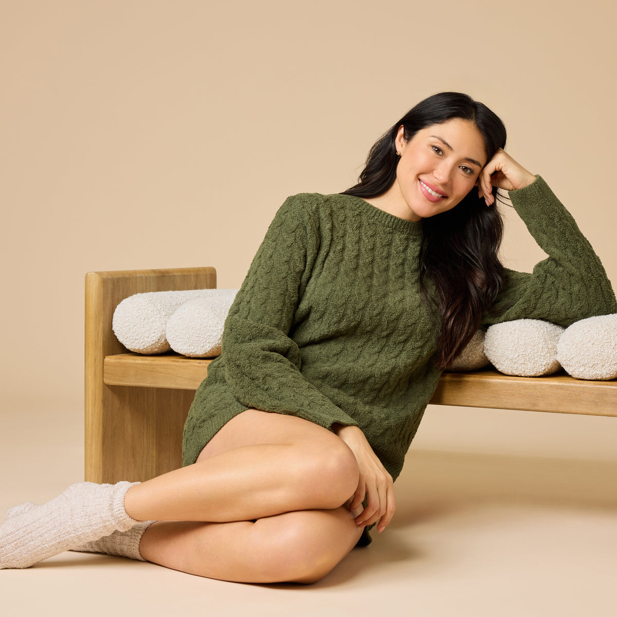 Cable Knit Marshmallow Crew Neck with Short Set Cable Knit Marshmallow Crew Neck with Short Set in Olive