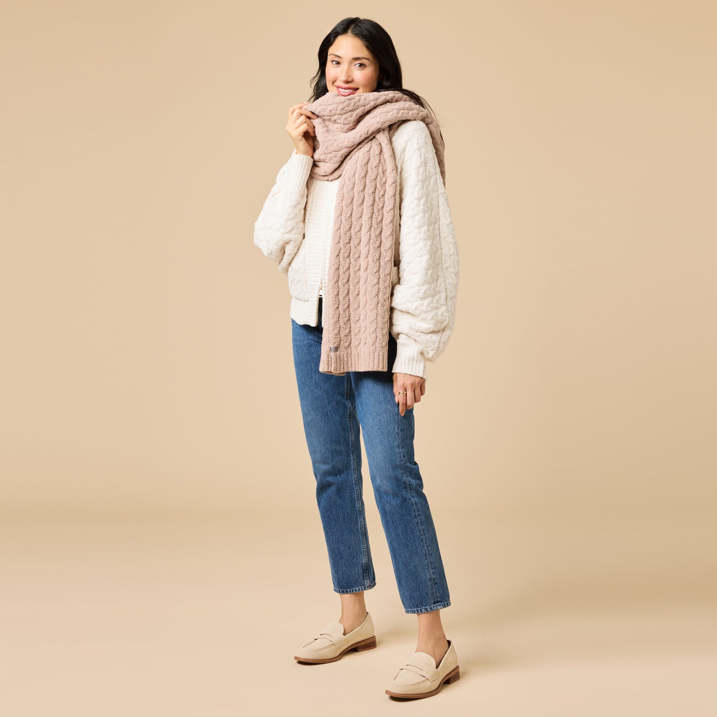 Cable Knit Marshmallow Scarf in Coco