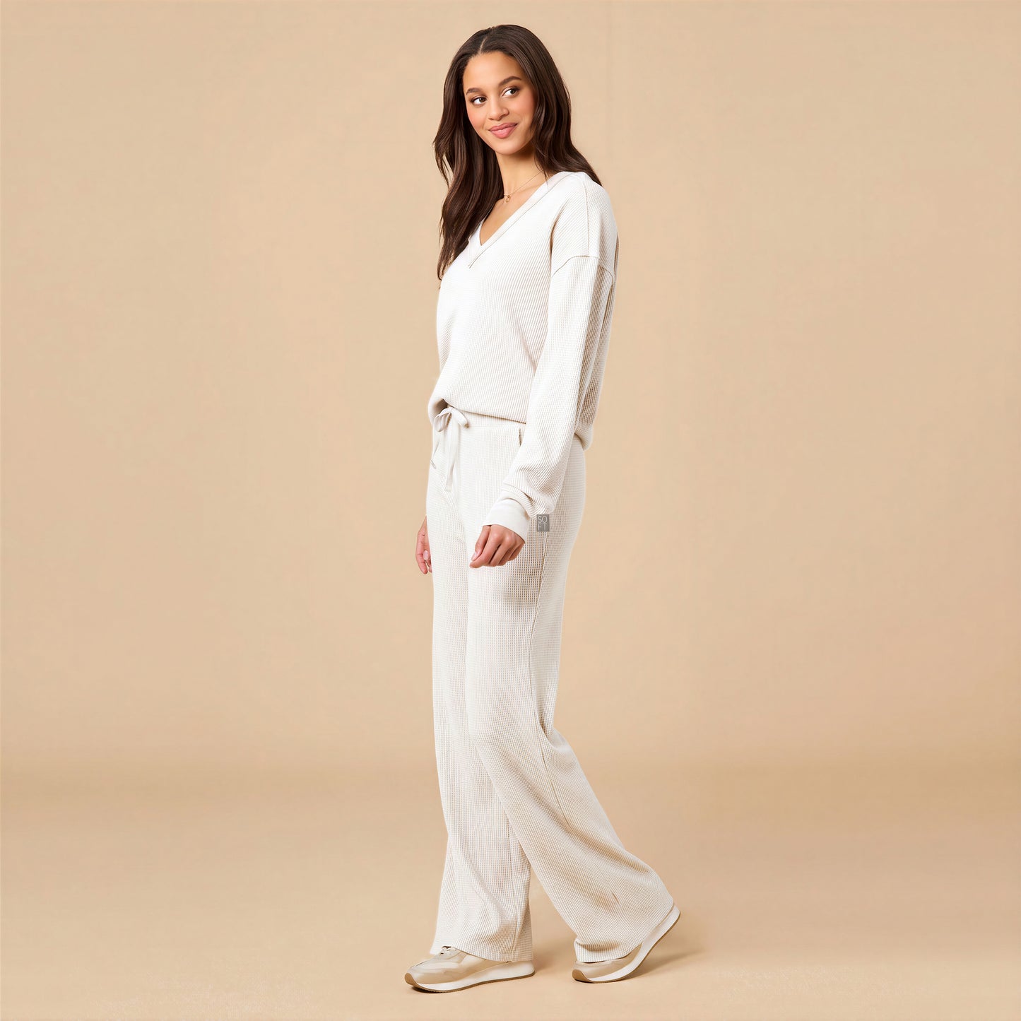 AirThermal Knit V-Neck with Raw Hem and Long Pant in Almond