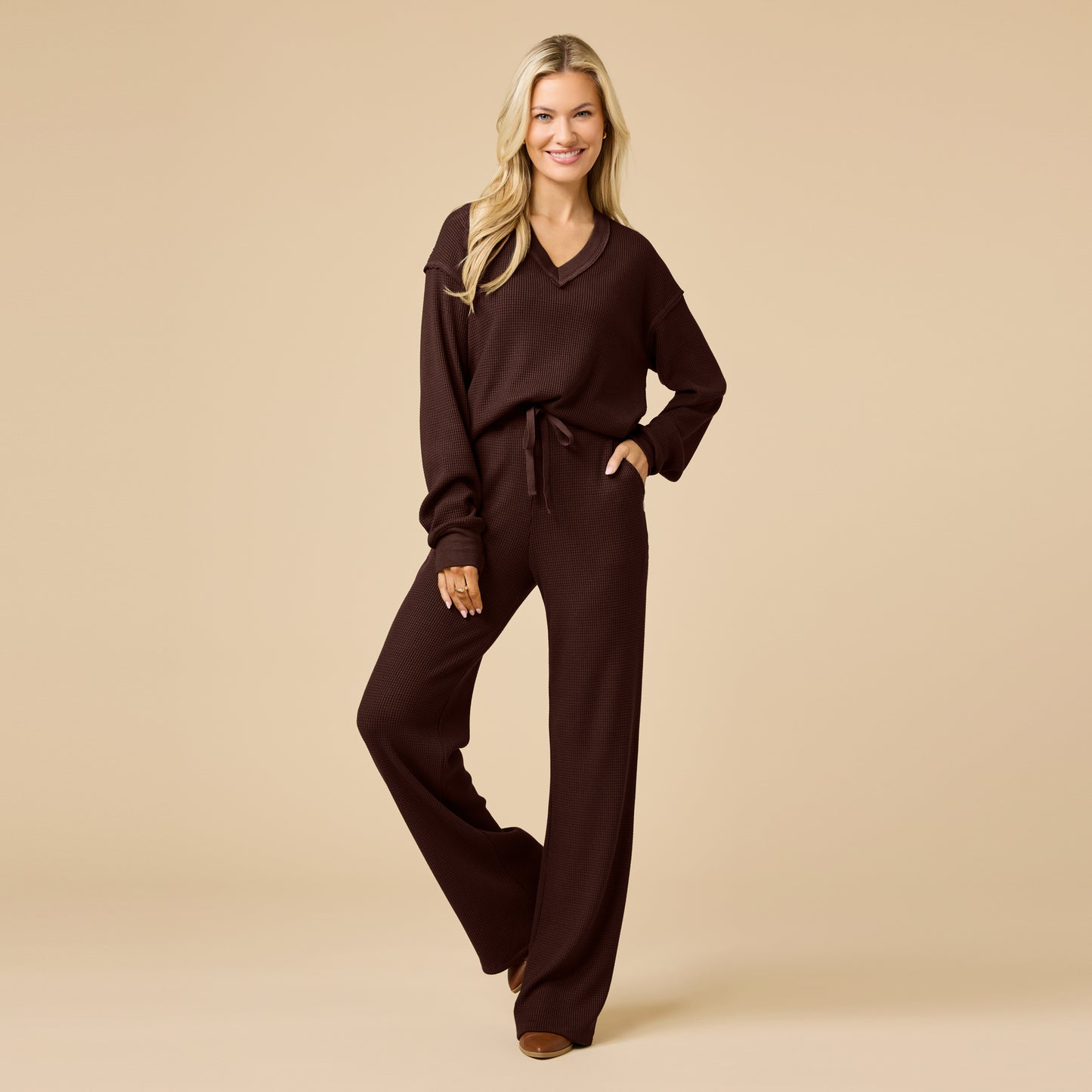 AirThermal Knit V-Neck with Raw Hem and Long Pant in Espresso