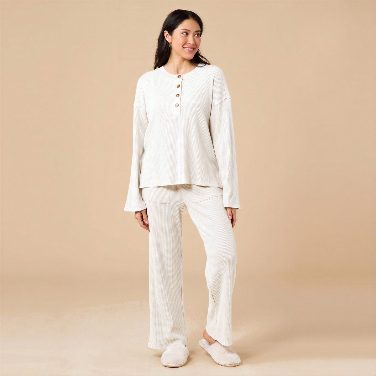 AirThermal Knit Henley Button Top with Crop Pant AirThermal Knit Henley Button Top with Pant in Almond