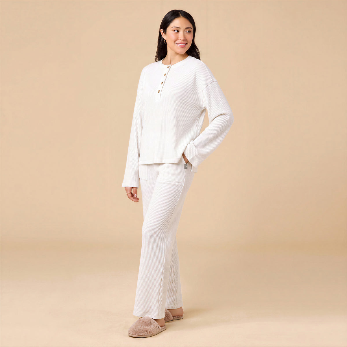 AirThermal Knit Henley Button Top with Crop Pant AirThermal Knit Henley Button Top with Pant in Almond