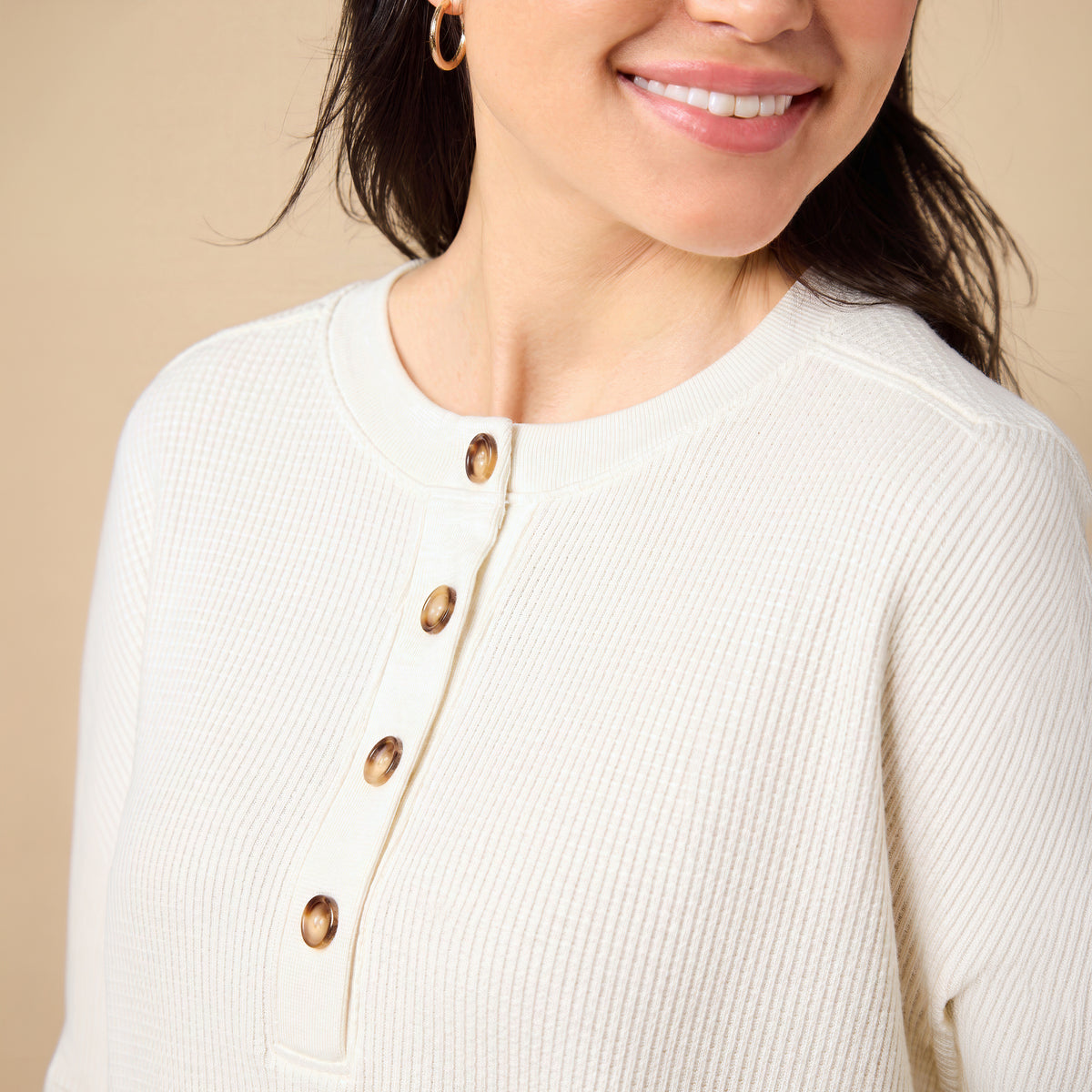 AirThermal Knit Henley Button Top with Crop Pant Close-up of Softies AirThermal henley in Almond showing tortoiseshell buttons and waffle knit texture