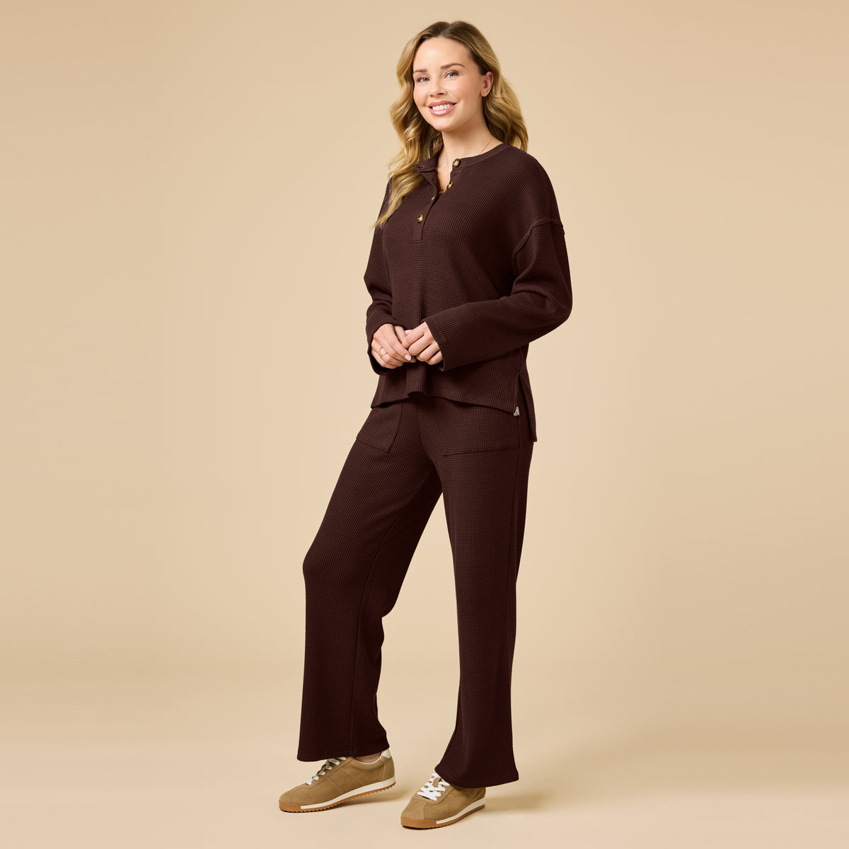 AirThermal Knit Henley Button Top with Crop Pant Woman wearing Softies AirThermal Henley Lounge Set in Espresso with crop pant