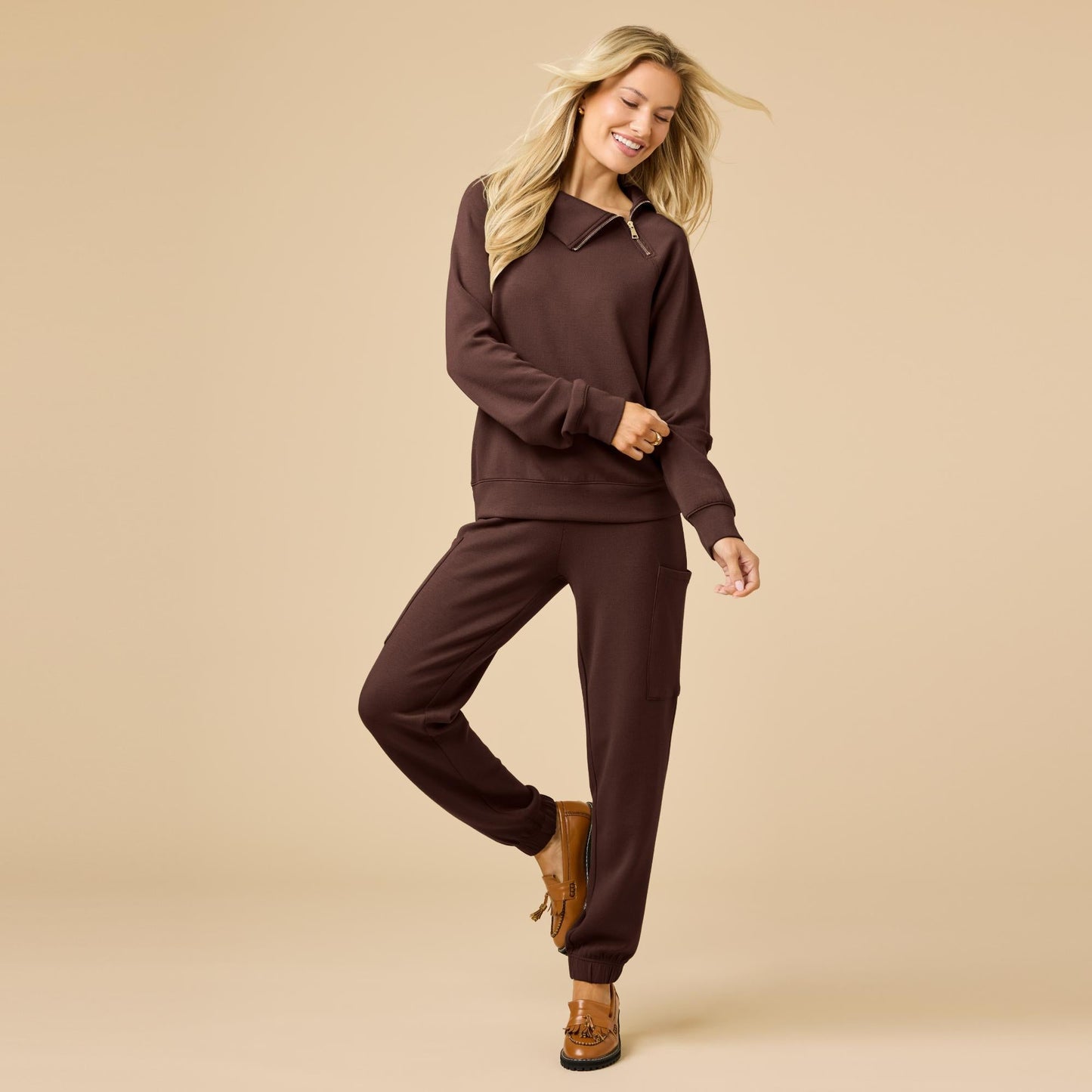DreamTech Zip Mock Neck with Ankle Pant in Espresso