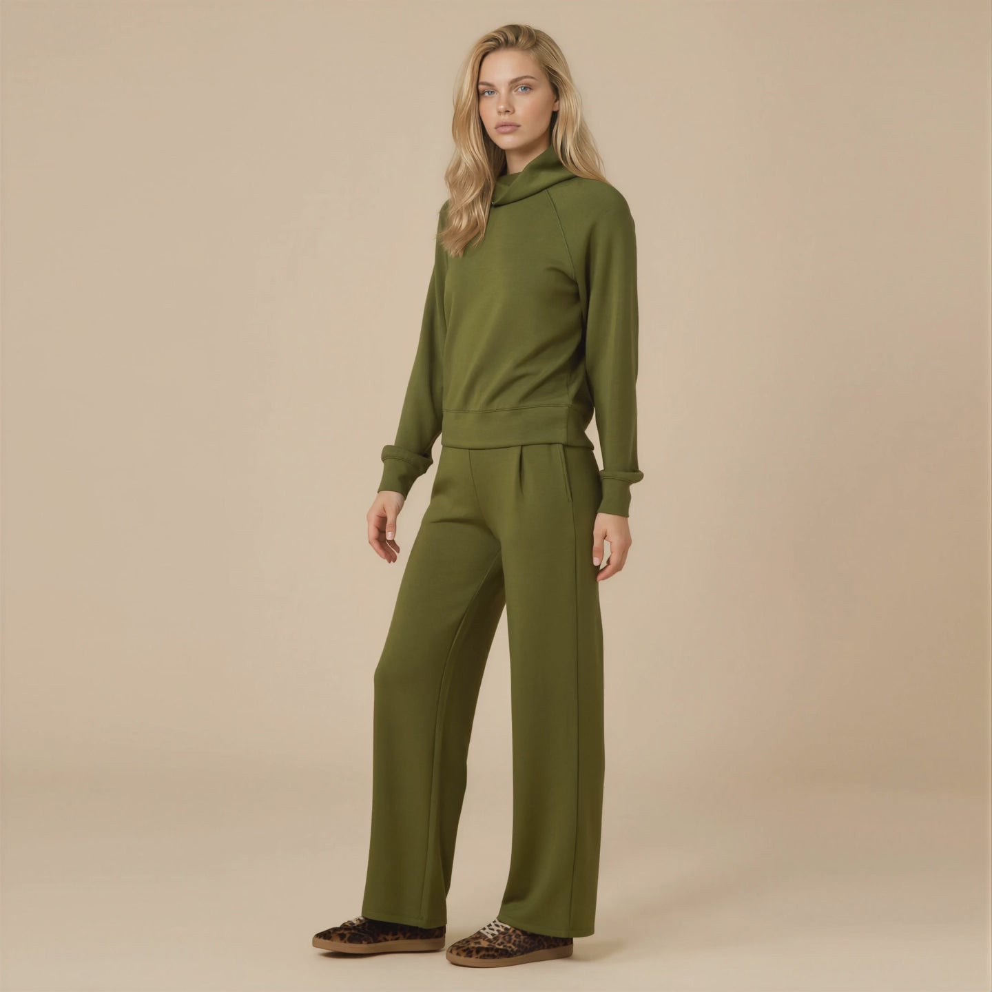 DreamTech Cowl Neck with Pleated Pant DreamTech Cowl Neck with Pleated Pant in Olive [AI-generated]