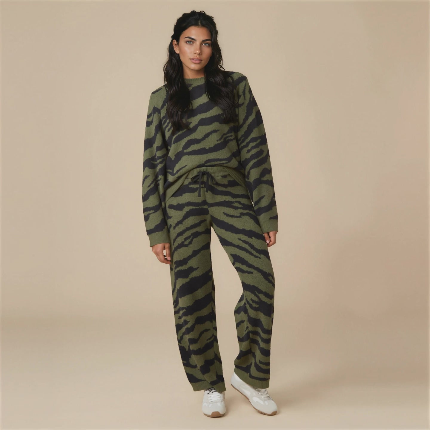 Zebra Marshmallow Crew Neck with Long Pant in Zebra Olive [AI-generated]