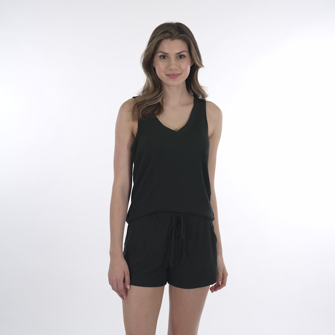 Rib Dream Double V-Neck Short Set Black