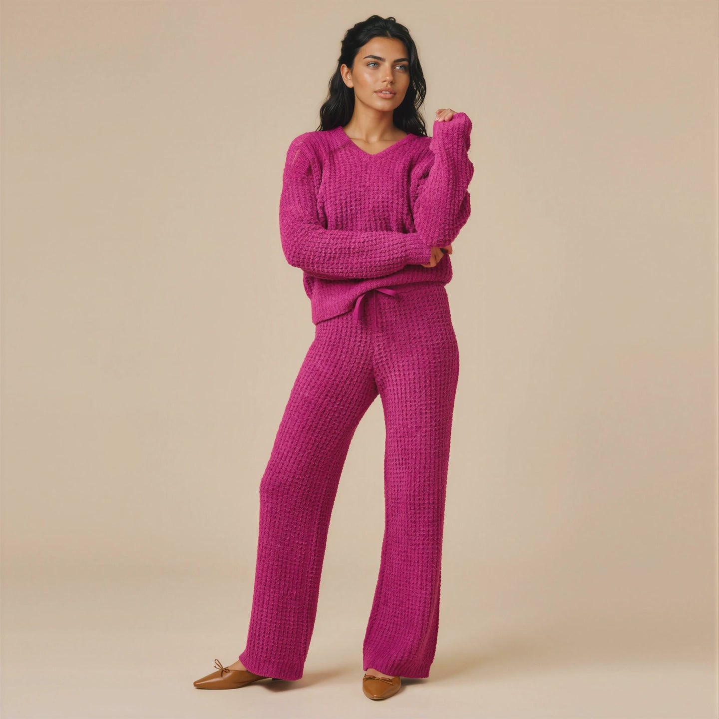 Waffle Knit Marshmallow V-Neck Lounge Set Waffle Marshmallow V-Neck Luxe Lounge Set in Magenta [AI-generated]