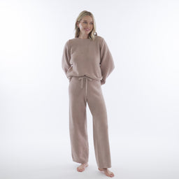 Solid Marshmallow Reverse Seam Crew Neck Lounge Set with Bracelet Sleeve Coco