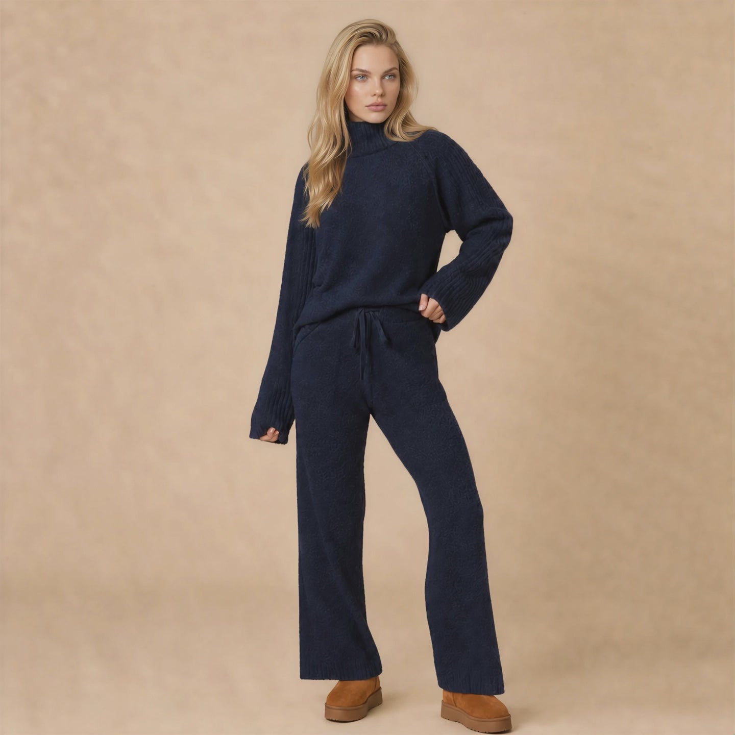 Marshmallow Rib Mock Neck with Long Pant in Midnight [AI-generated]