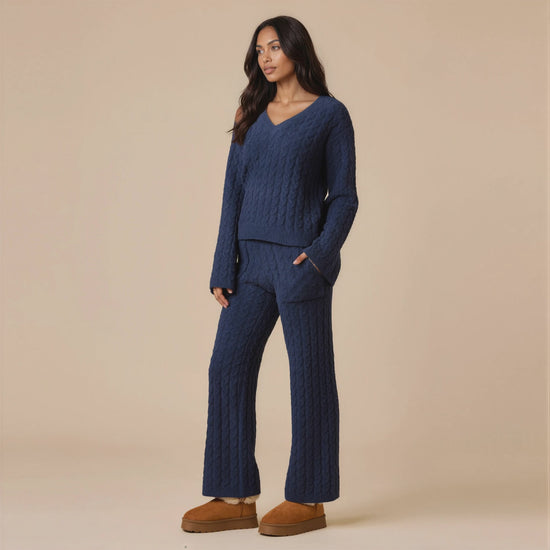 Cable Knit Marshmallow V-Neck with Flared Sleeve and Pant in Midnight [AI-generated]