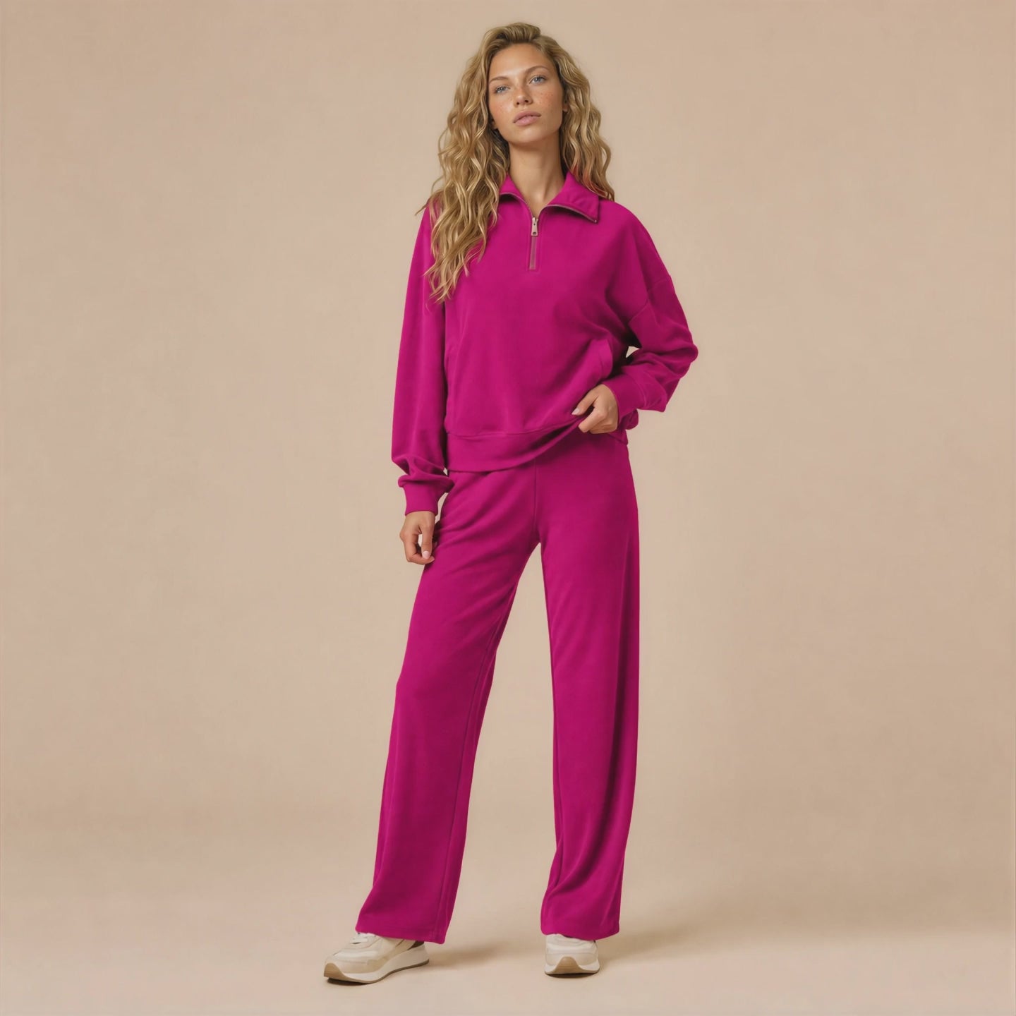 Serenity 1/4 Zip Top with Wide Pant Lounge Set Serenity 1/4 Zip Top with Wide Pant in Magenta [AI-generated]