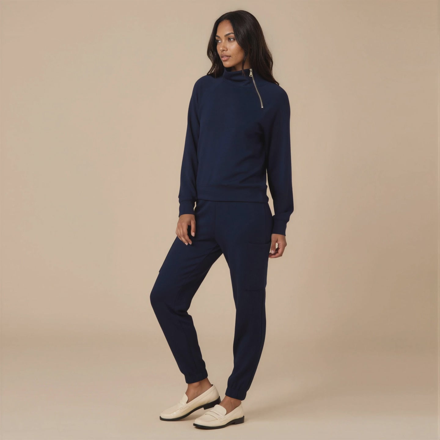 DreamTech Zip Mock Neck with Ankle Pant in Midnight [AI-generated]
