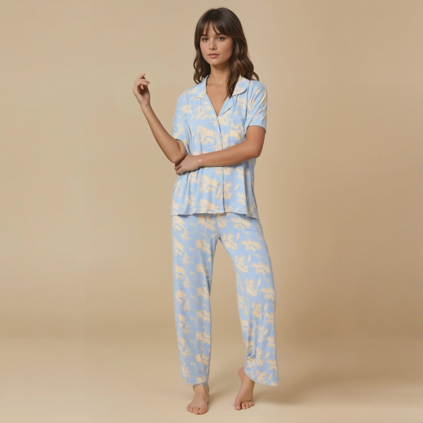 Caftan Top Cropped Pant Set Sky Blue Floral