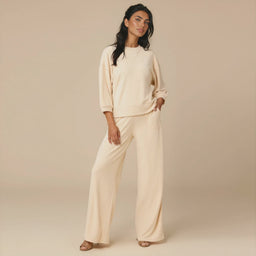 Terry Cropped Sleeve Crew Neck with Wide Leg Pant Warm Sand [AI-generated]