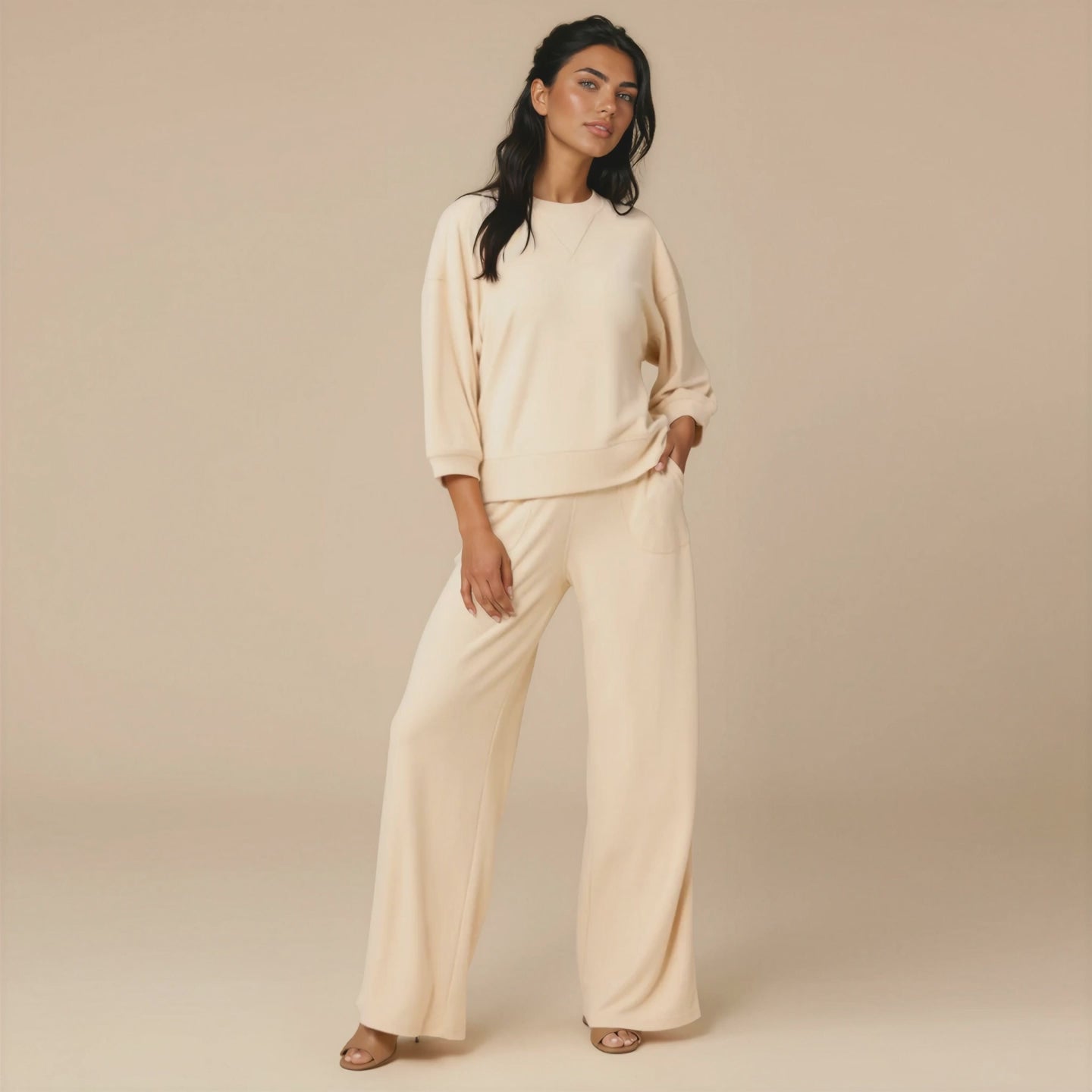 Terry Cropped Sleeve Crew Neck with Wide Leg Pant Warm Sand