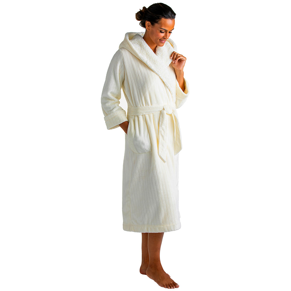 Hooded Sherpa Robe with Tonal Trim Ivory