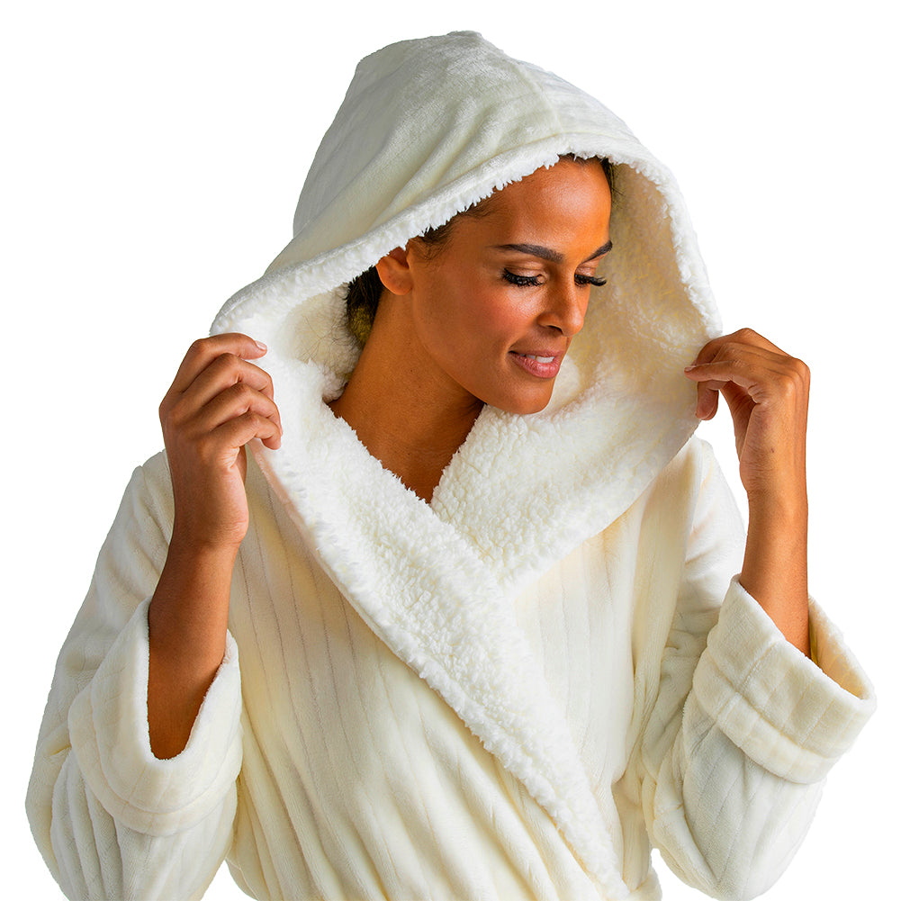Hooded Sherpa Robe with Tonal Trim Ivory