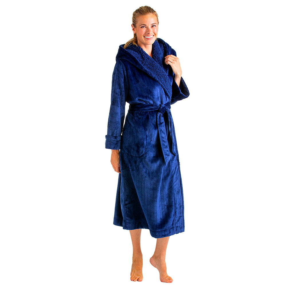 Hooded Sherpa Robe with Tonal Trim Navy