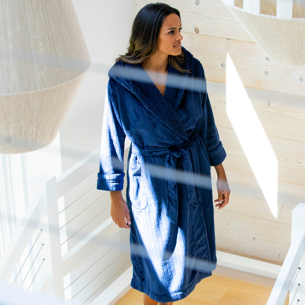 Hooded Sherpa Robe with Tonal Trim Navy