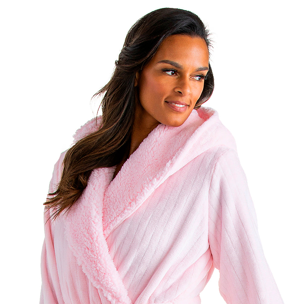 Hooded Sherpa Robe with Tonal Trim Light Pink