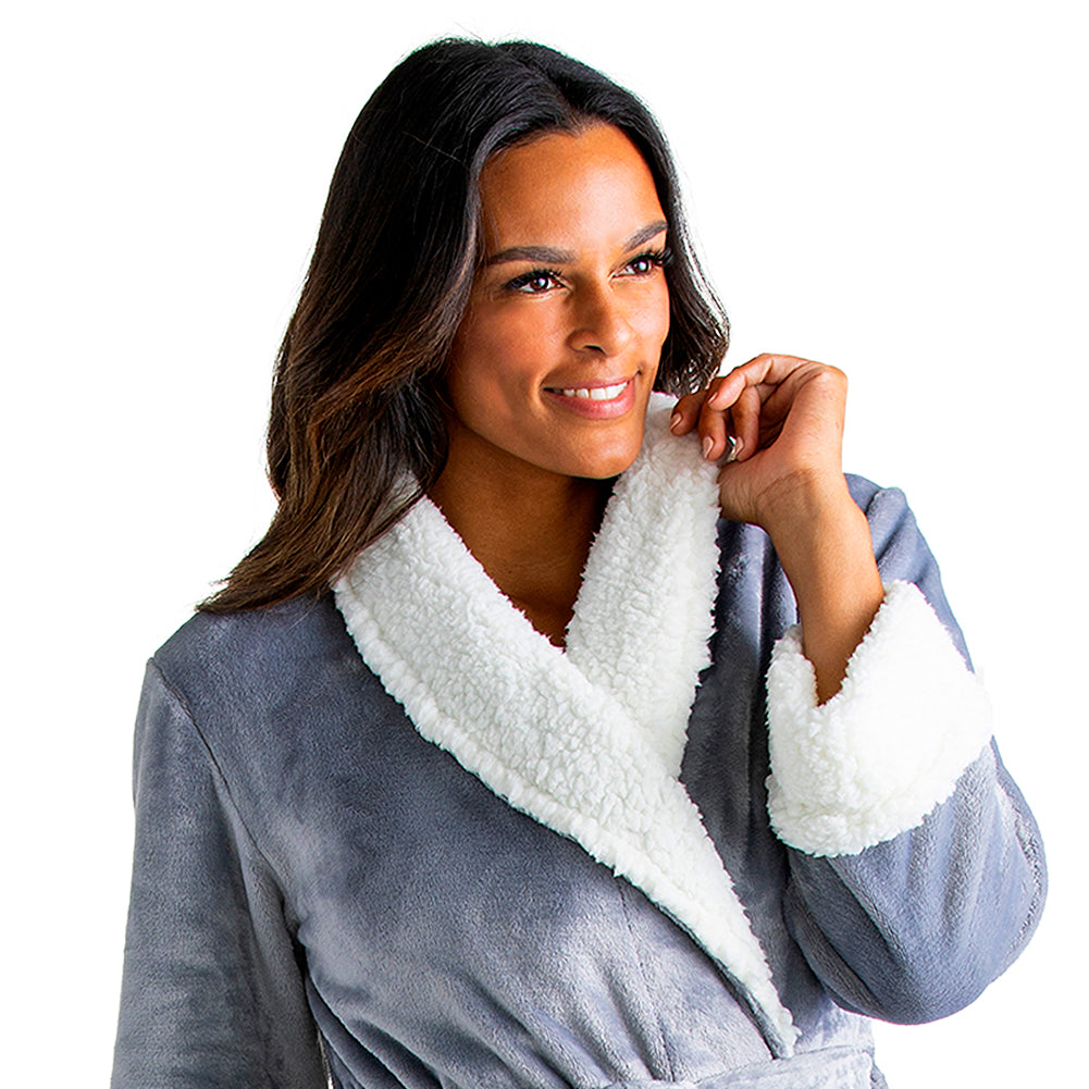 Plush Sherpa Robe with Contrast Trim Grey