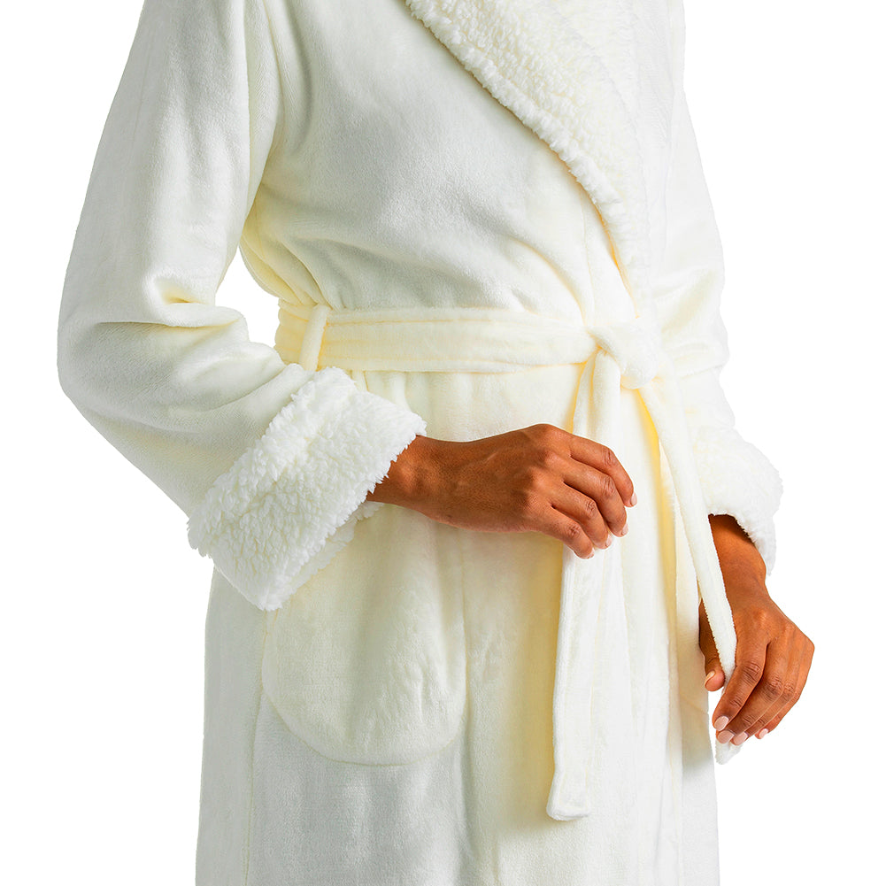Plush Sherpa Robe with Contrast Trim Ivory