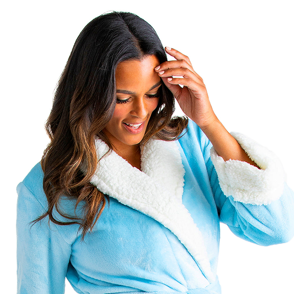 Plush Sherpa Robe with Contrast Trim Light Blue