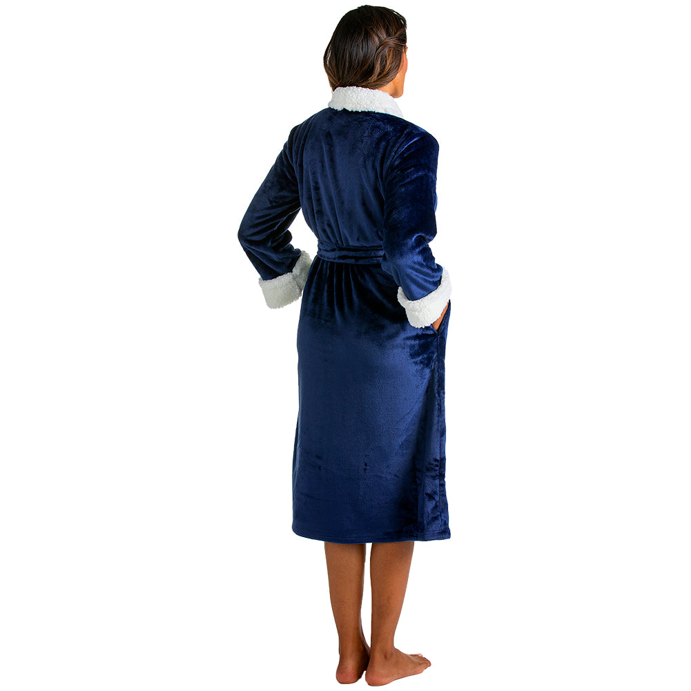 Plush Sherpa Robe with Contrast Trim Navy