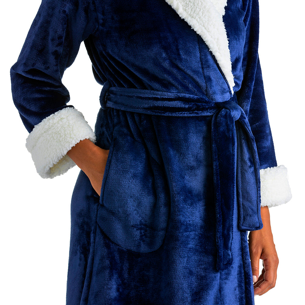 Plush Sherpa Robe with Contrast Trim Navy