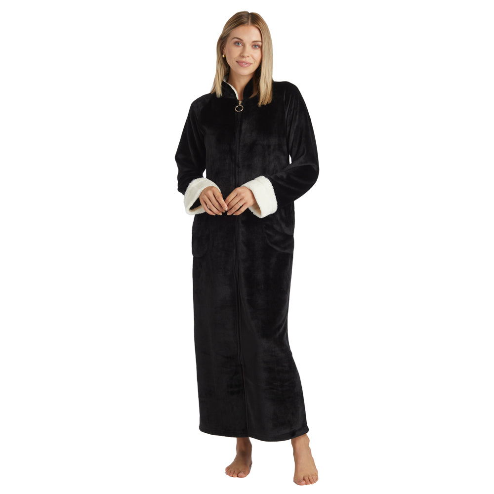 Plush Mandarin Collar Zip Robe Black