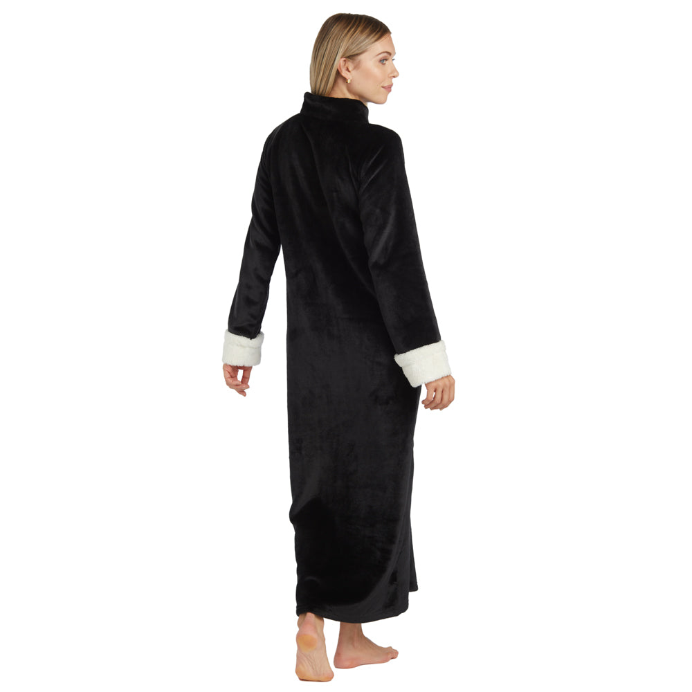 Plush Mandarin Collar Zip Robe Black