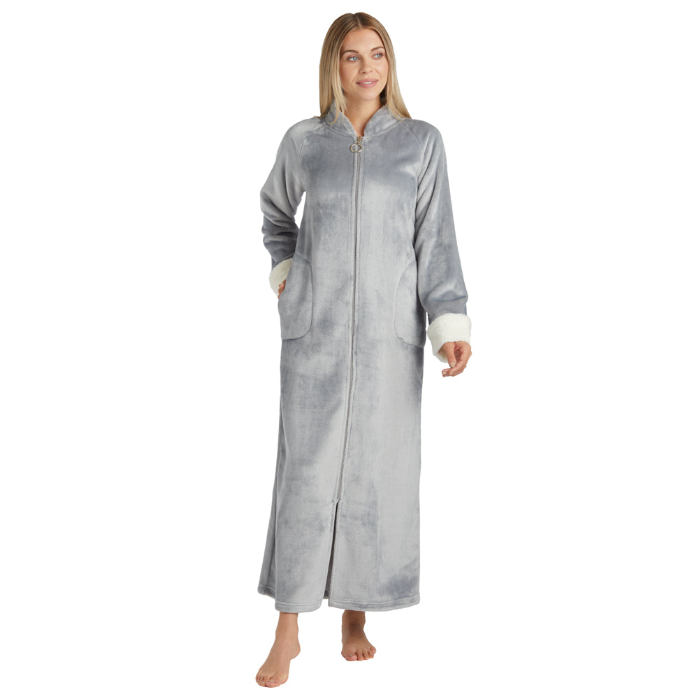 Plush Mandarin Collar Zip Robe Grey