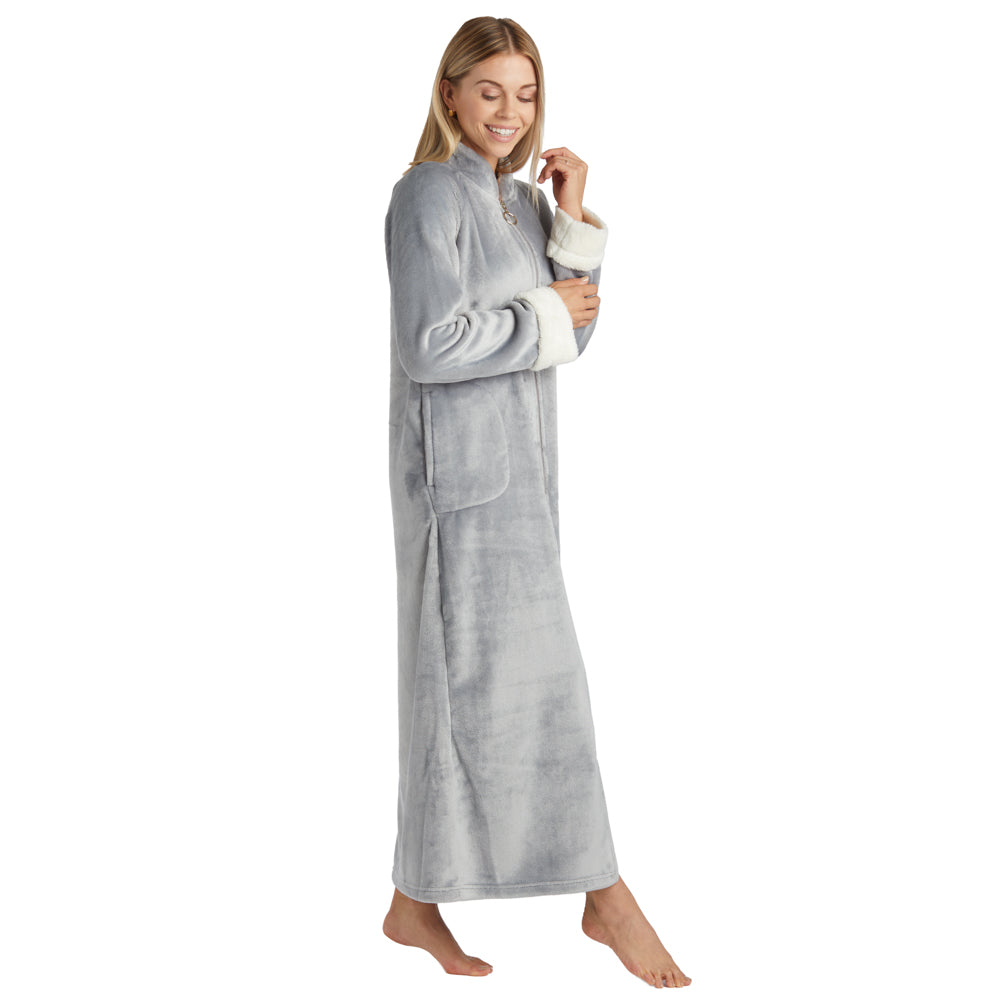 Plush Mandarin Collar Zip Robe Grey