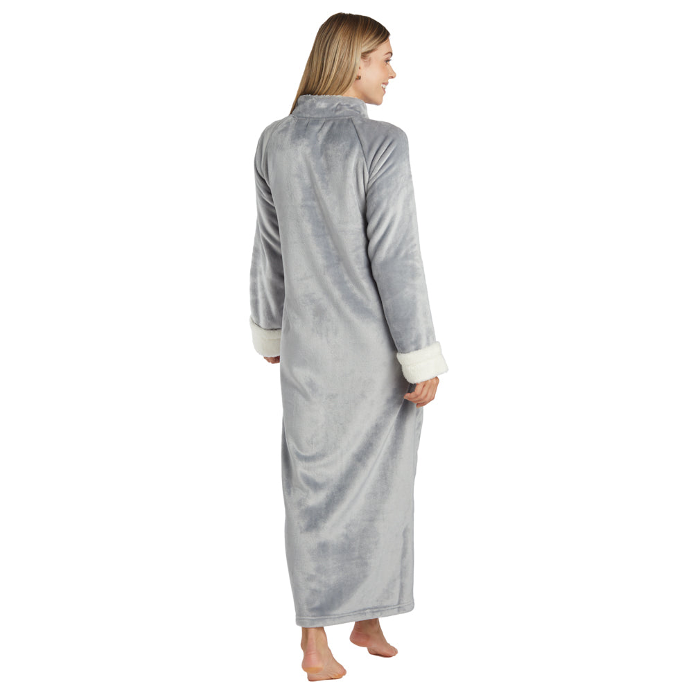 Plush Mandarin Collar Zip Robe Grey