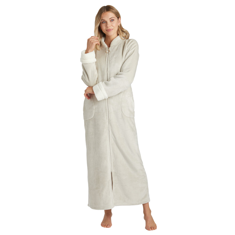 Plush Mandarin Collar Zip Robe Stone