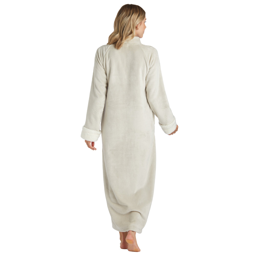 Plush Mandarin Collar Zip Robe Stone