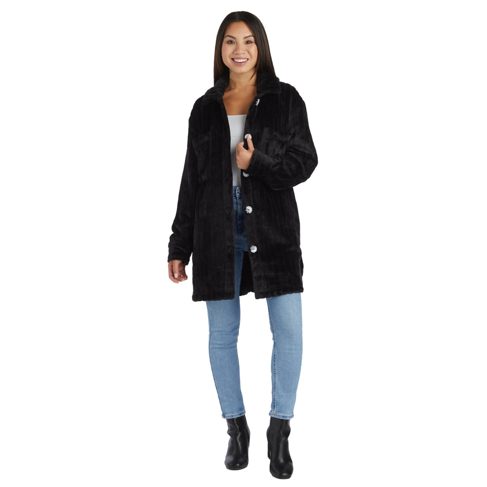 Button-Down Embossed Plush Shacket Black