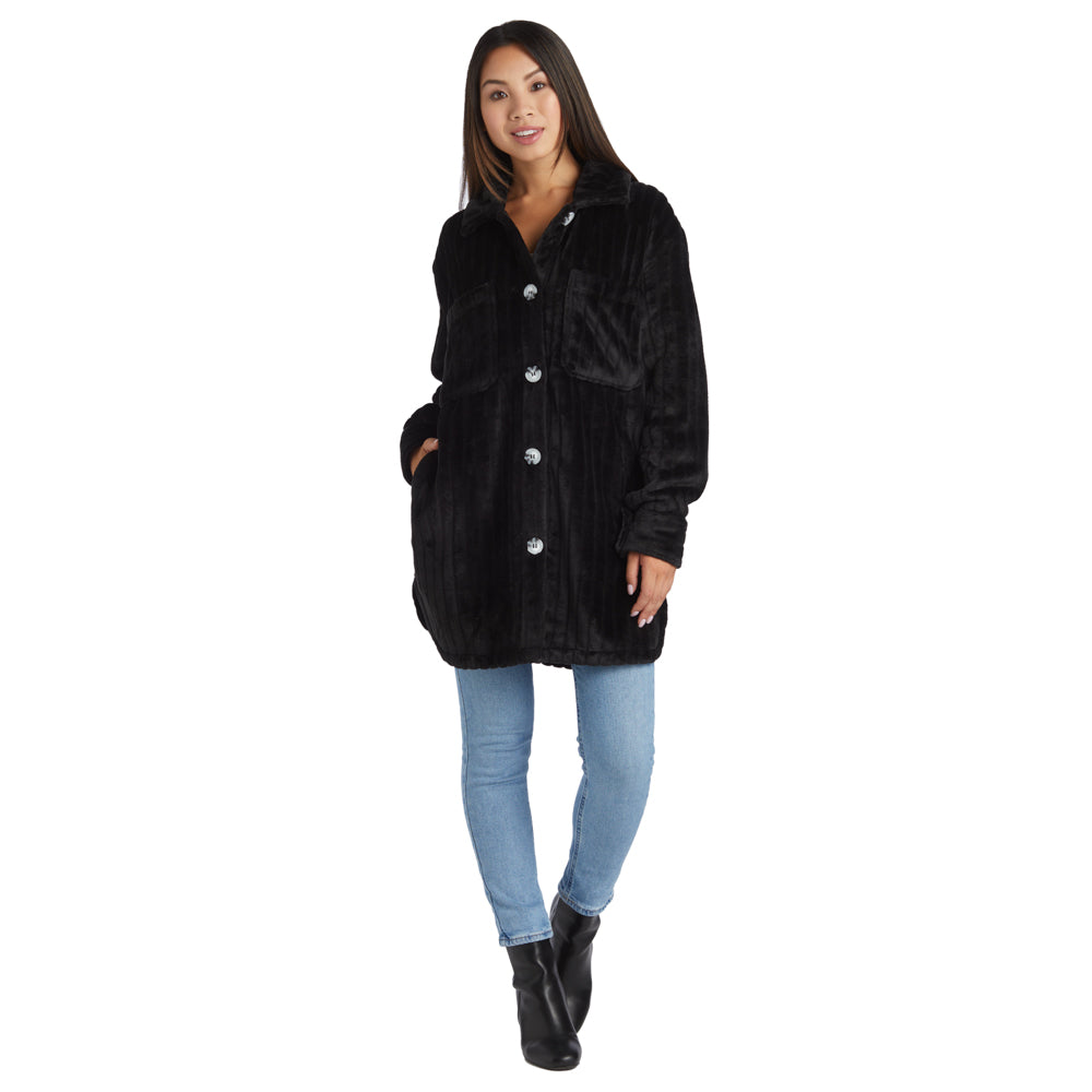 Button-Down Embossed Plush Shacket Black