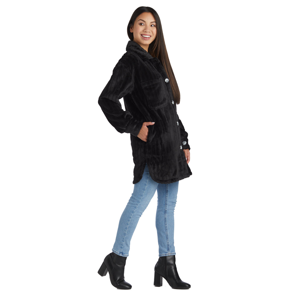 Button-Down Embossed Plush Shacket Black
