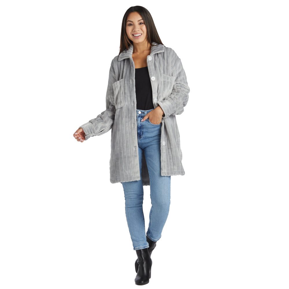 Button-Down Embossed Plush Shacket Grey