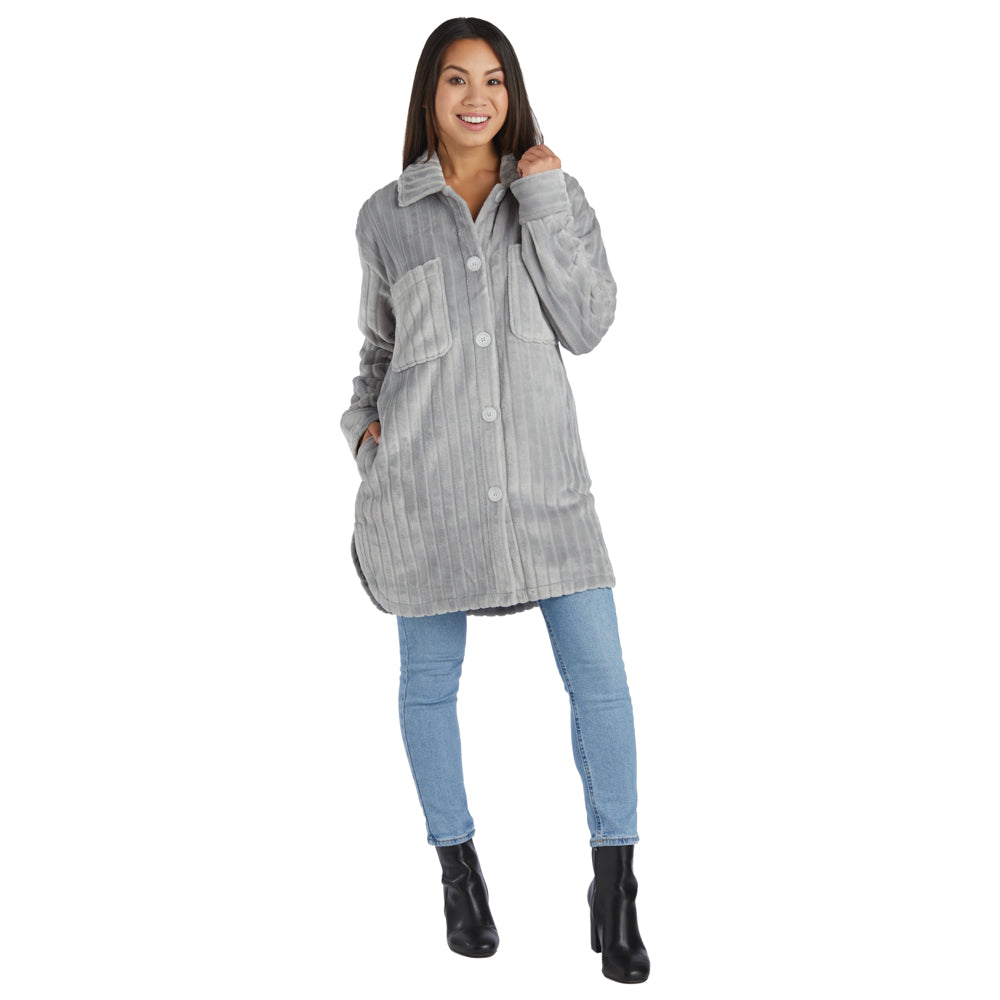 Button-Down Embossed Plush Shacket Grey