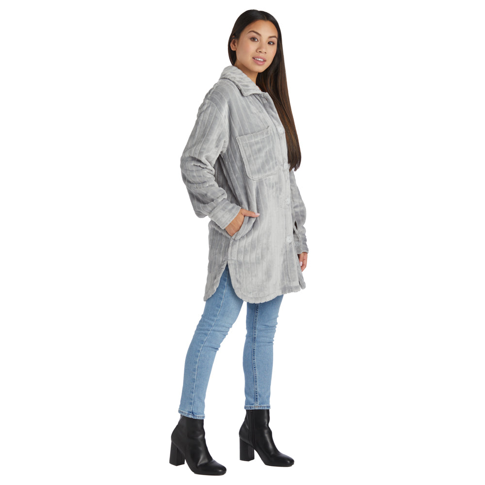 Button-Down Embossed Plush Shacket Grey