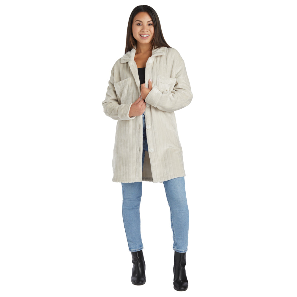 Button-Down Embossed Plush Shacket Stone