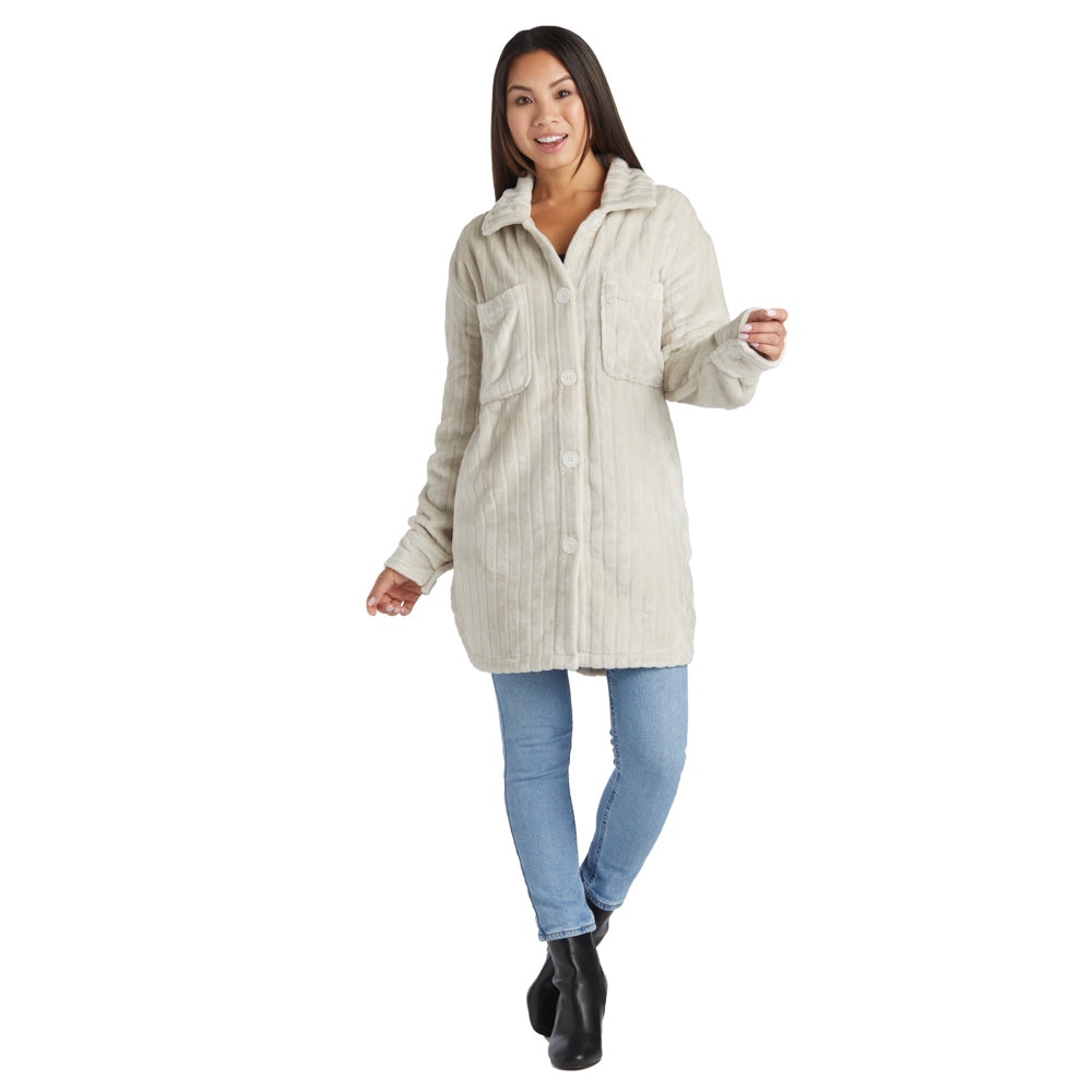 Button-Down Embossed Plush Shacket Stone
