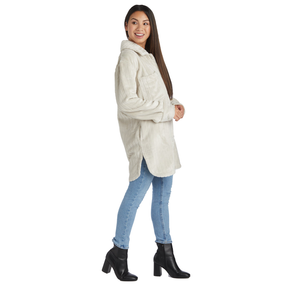 Button-Down Embossed Plush Shacket Stone