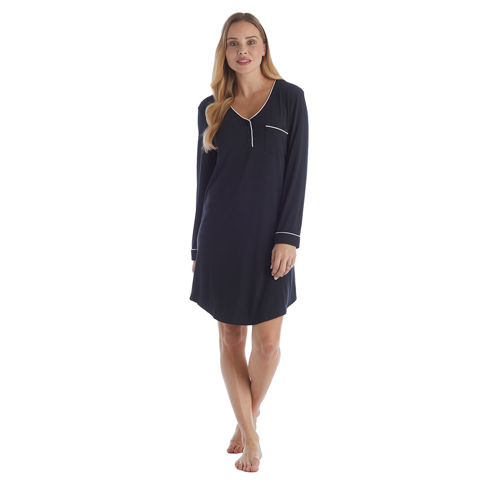 Taylor - 36" Long Sleeve Sleep Shirt with Contrast Trim Black